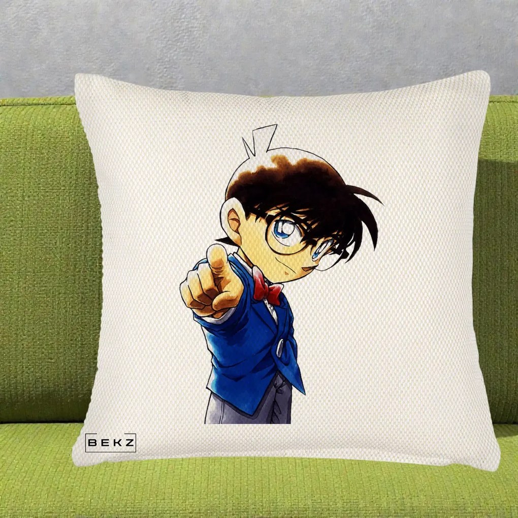 Perna Personalizata Detective Conan Conan Arata, 40x40 cm, Crem Reliefat, Husa Detasabila, Perna Inclusa, BEKZ®