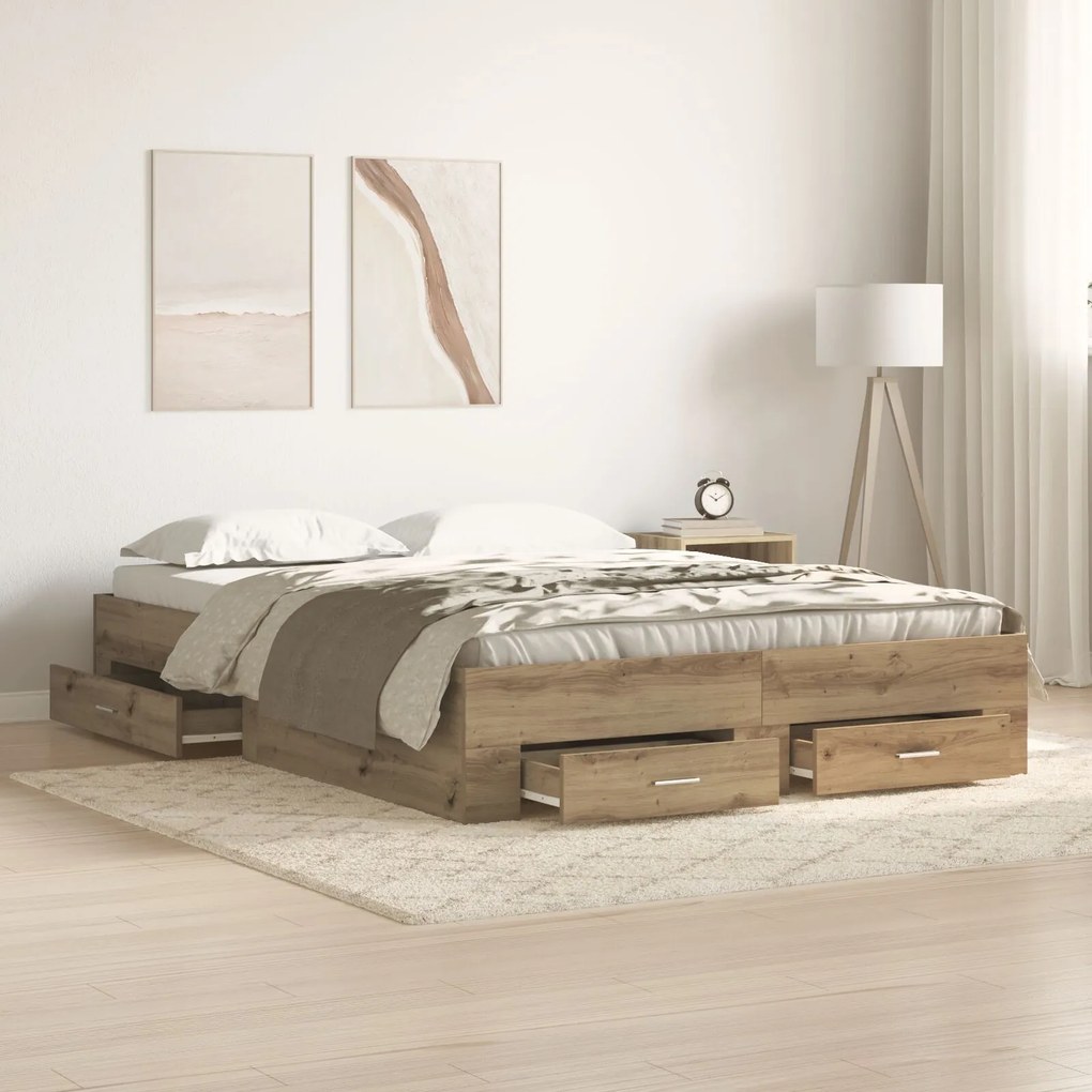 vidaXL Cadru de pat cu sertare cu sertar stejar artizanal 140 x 190 cm