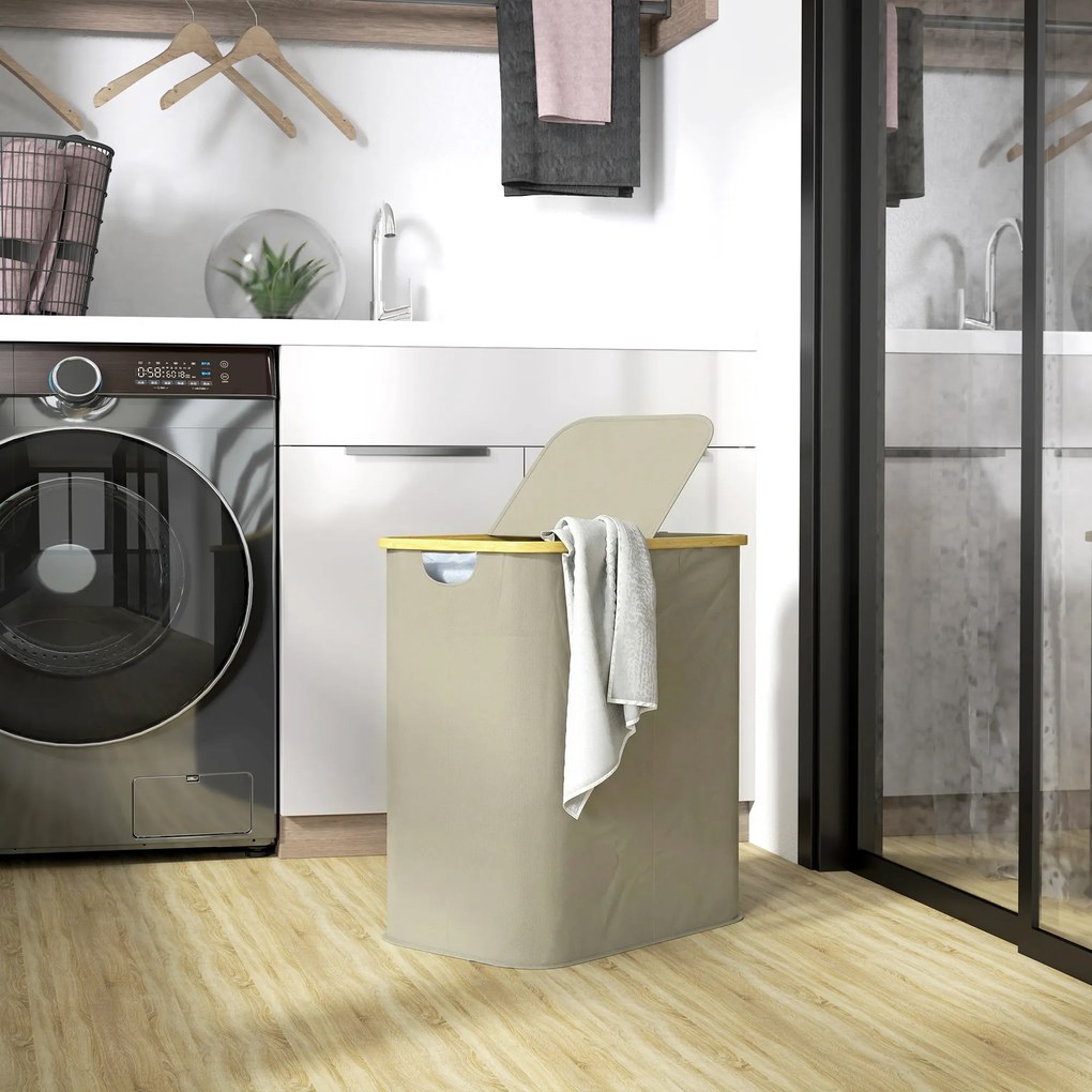 HOMCOM Coș pentru rufe dublu pliabil 80 l coș pentru rufe murdare cu capac, mânere canelate, bej | Aosom Romania