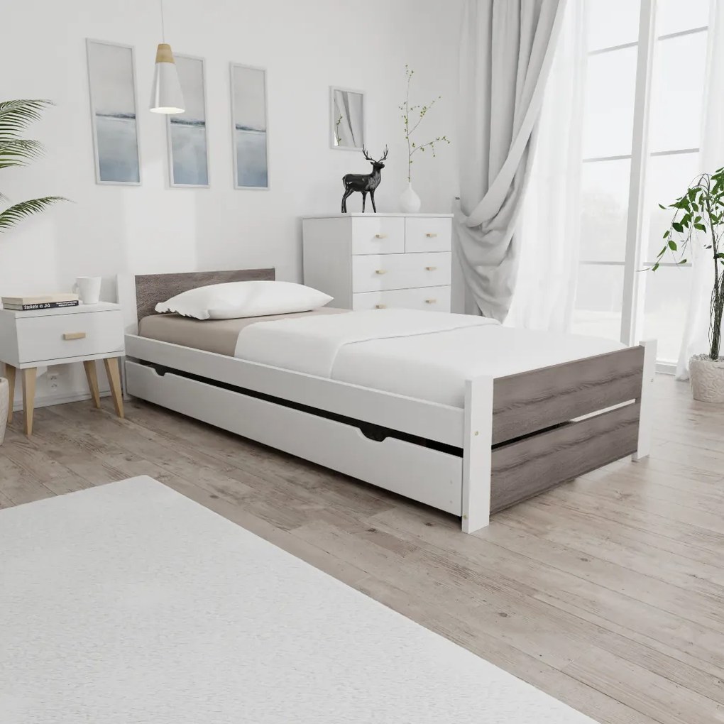 Pat de o persoana IKAROS DOUBLE 90 x 200 cm, alb/stejar trufa Saltele: Cu saltele Coco Maxi 20 cm, Somiera pat: Cu lamele drepte