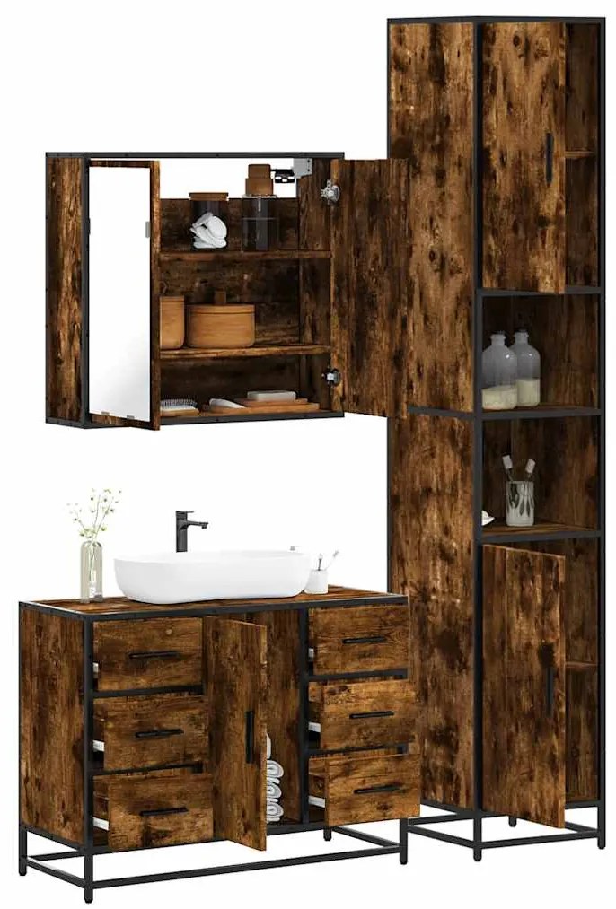 vidaXL Set mobilier de baie, 3 piese, stejar fumuriu, lemn prelucrat
