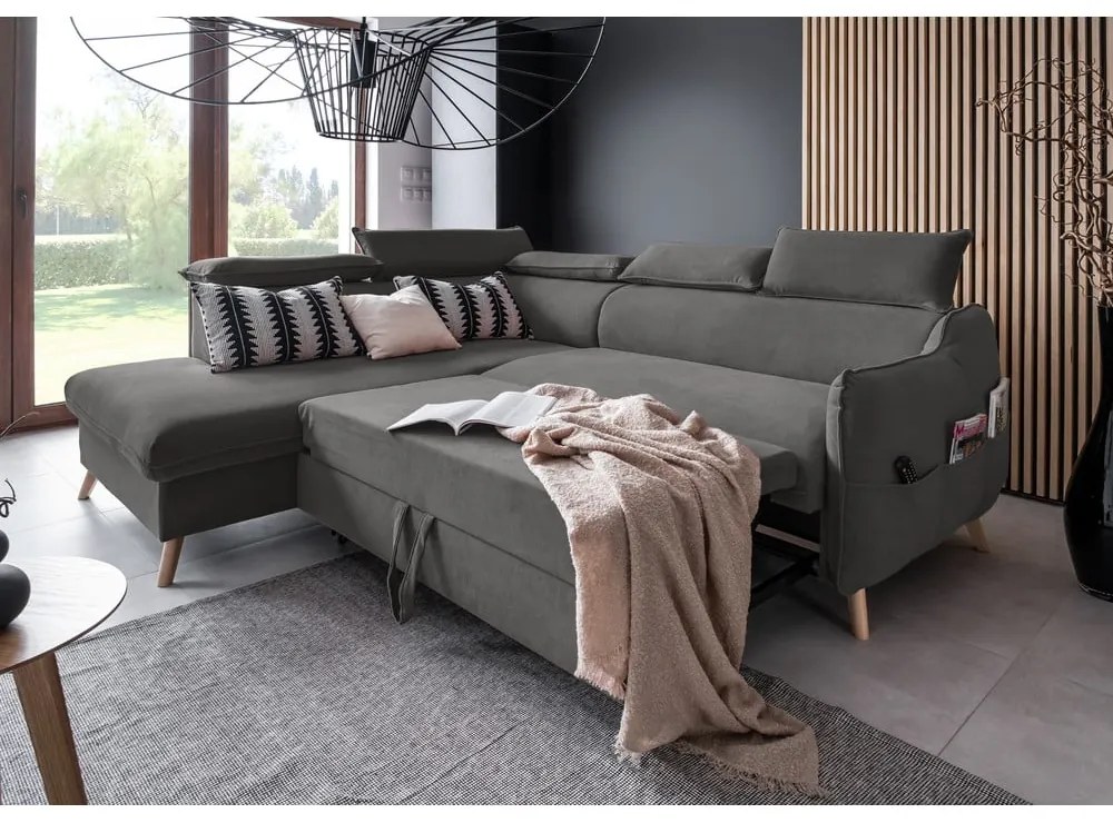 Colțar gri închis extensibil cu tapițerie din catifea (cu colț pe partea stângă ) Sweet Harmony – Miuform