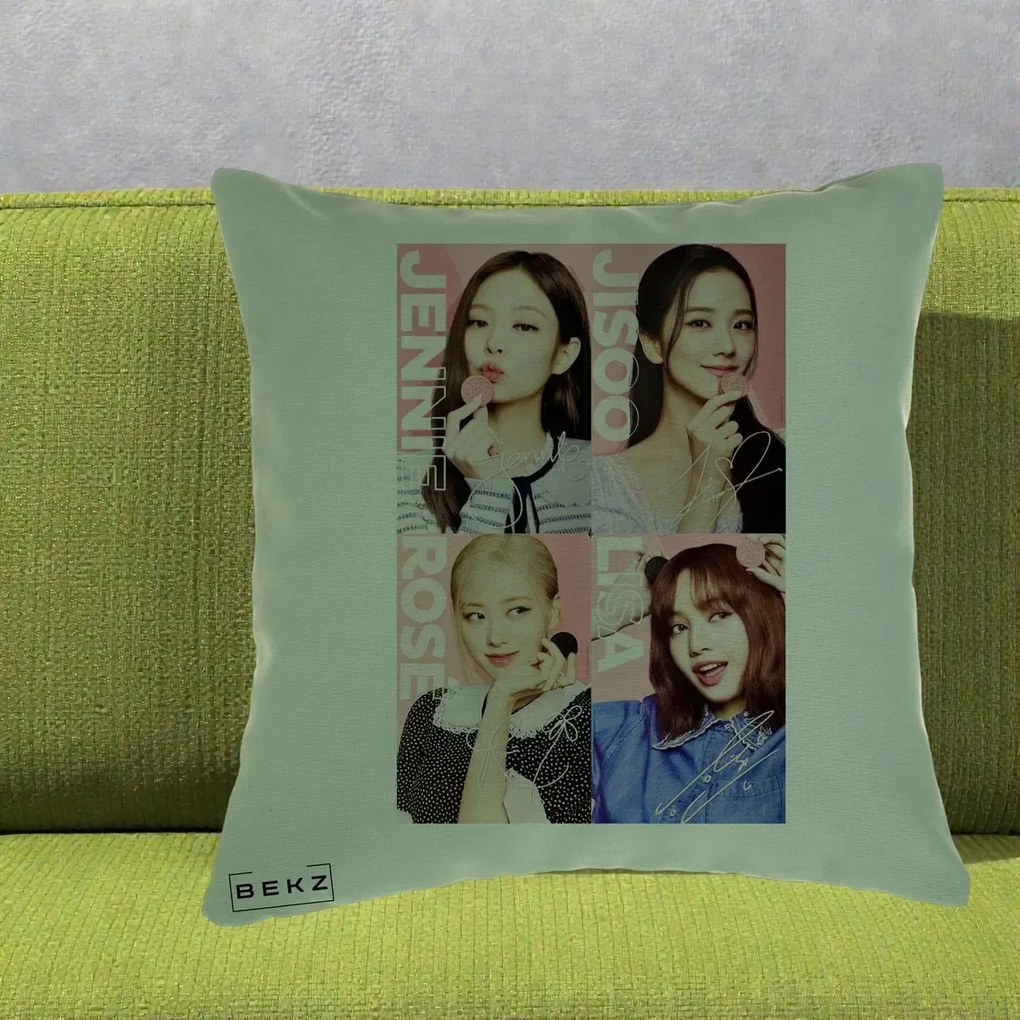 Perna Personalizata K-pop BLACKPINK Colaj 4 Portrete cu Semnature, 40x40 cm, Verde, Husa Detasabila, Perna Inclusa, BEKZ®