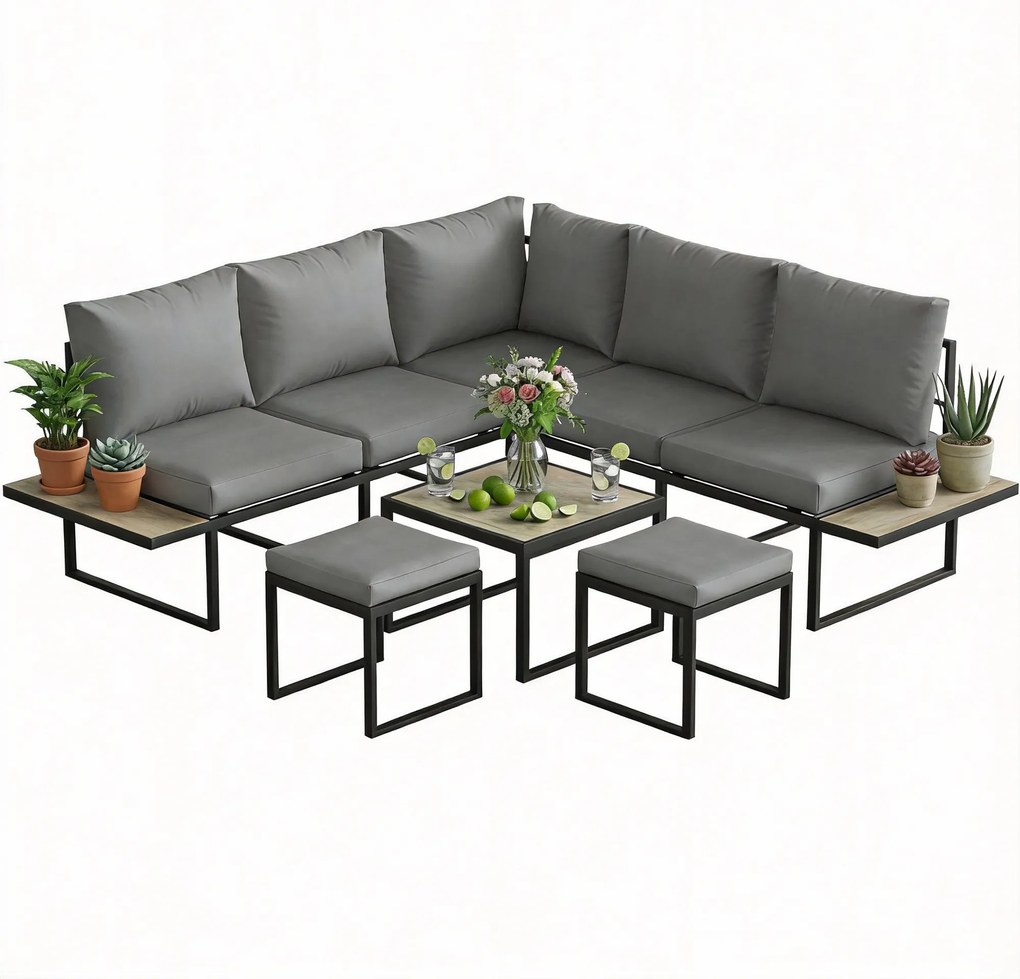 Outsunny Set mobilier grădină exterior 6 persoane modulabil masă de cafea și blaturi laterale din lemn PSPC perne groase 10cm gri | Aosom Romania
