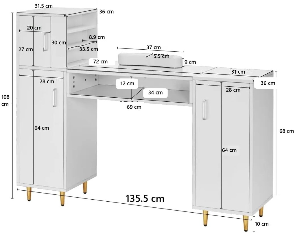 MANIA203 - Masuta manichiura, 135 cm, cu pernita, blat de sticla, masa cosmetica - Alba