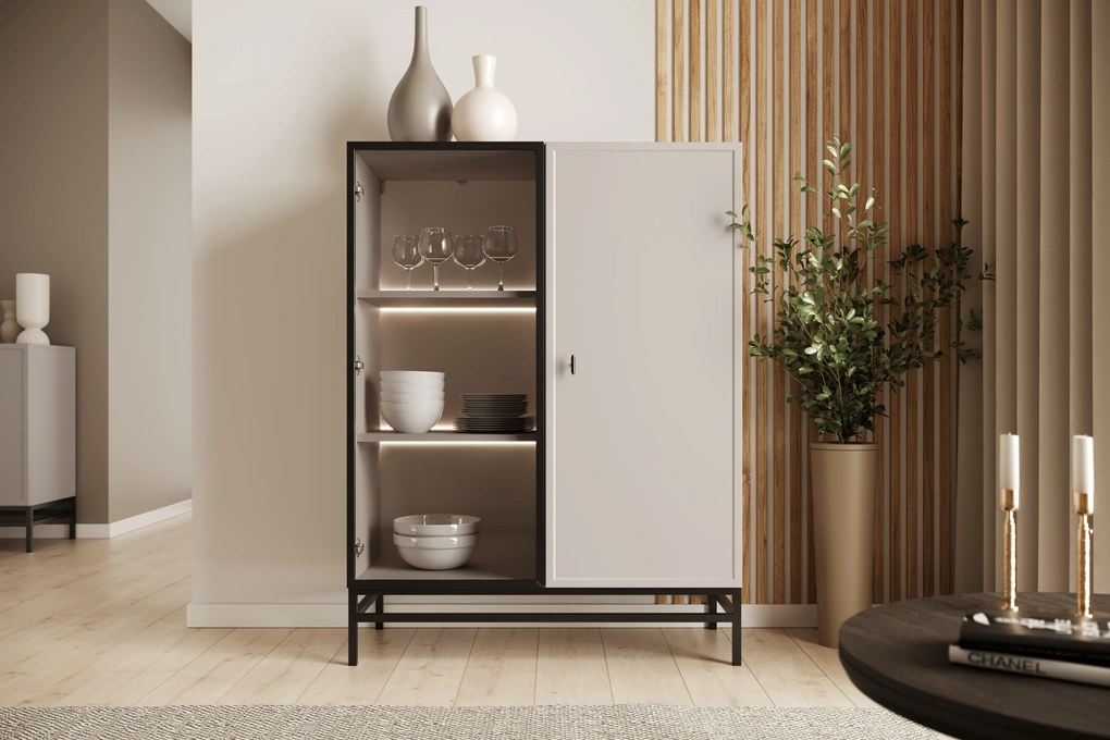 Vitrină pentru living Lorini 100 cm - cașmir / mâner negru T-bar / cadru