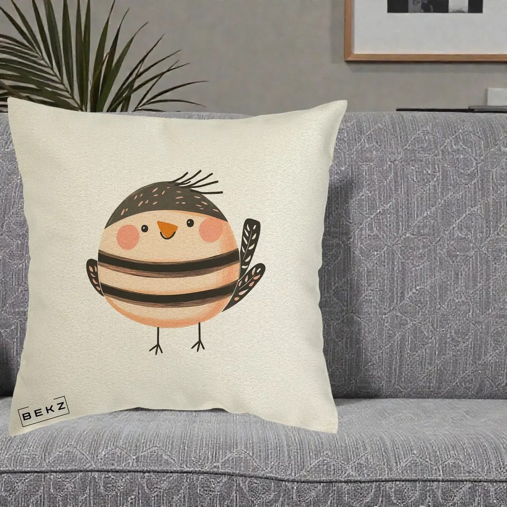 Perna Decorativa Pui Kawaii Bej-Negru Dungat, 40x40 cm, Ecru, Husa Detasabila, Perna Inclusa, BEKZ®