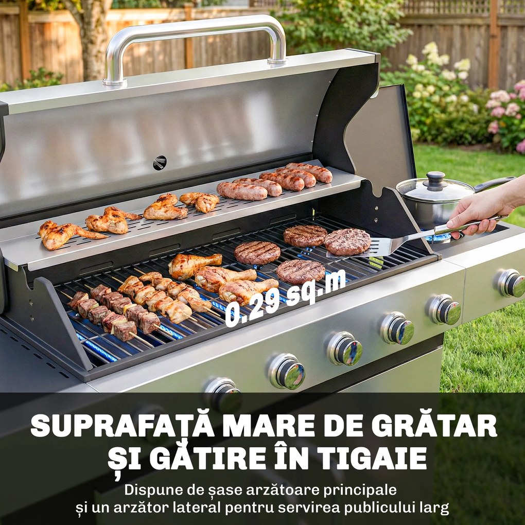 Outsunny Grătar pe Gaz, 6 Arzătoare, Arzător Lateral, Grilaj din Fontă, Dulap Inclus | Aosom Romania