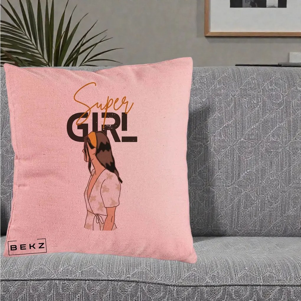 Perna Decorativa Super Girl Aesthetic, 40x40 cm, Roz, Husa Detasabila, Perna Inclusa, BEKZ®
