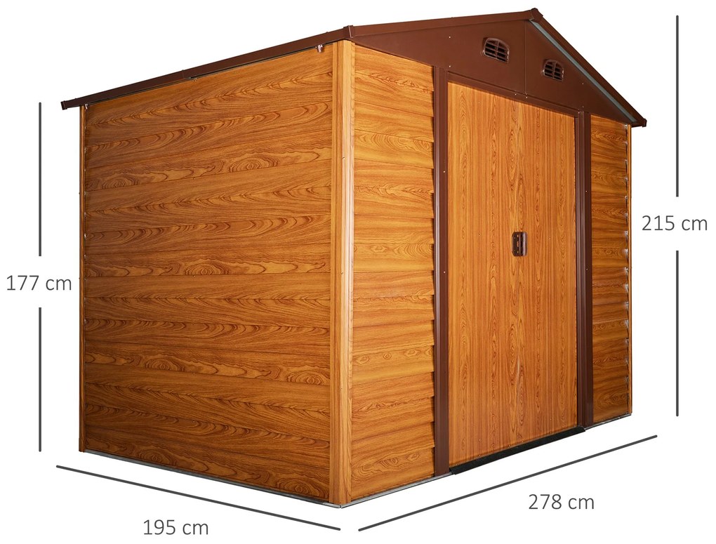 Outsunny Magazie de gradina pentru scule, din otel cu usi culisante si guri de ventilatie, 278x195x215cm, maro | Aosom Romania