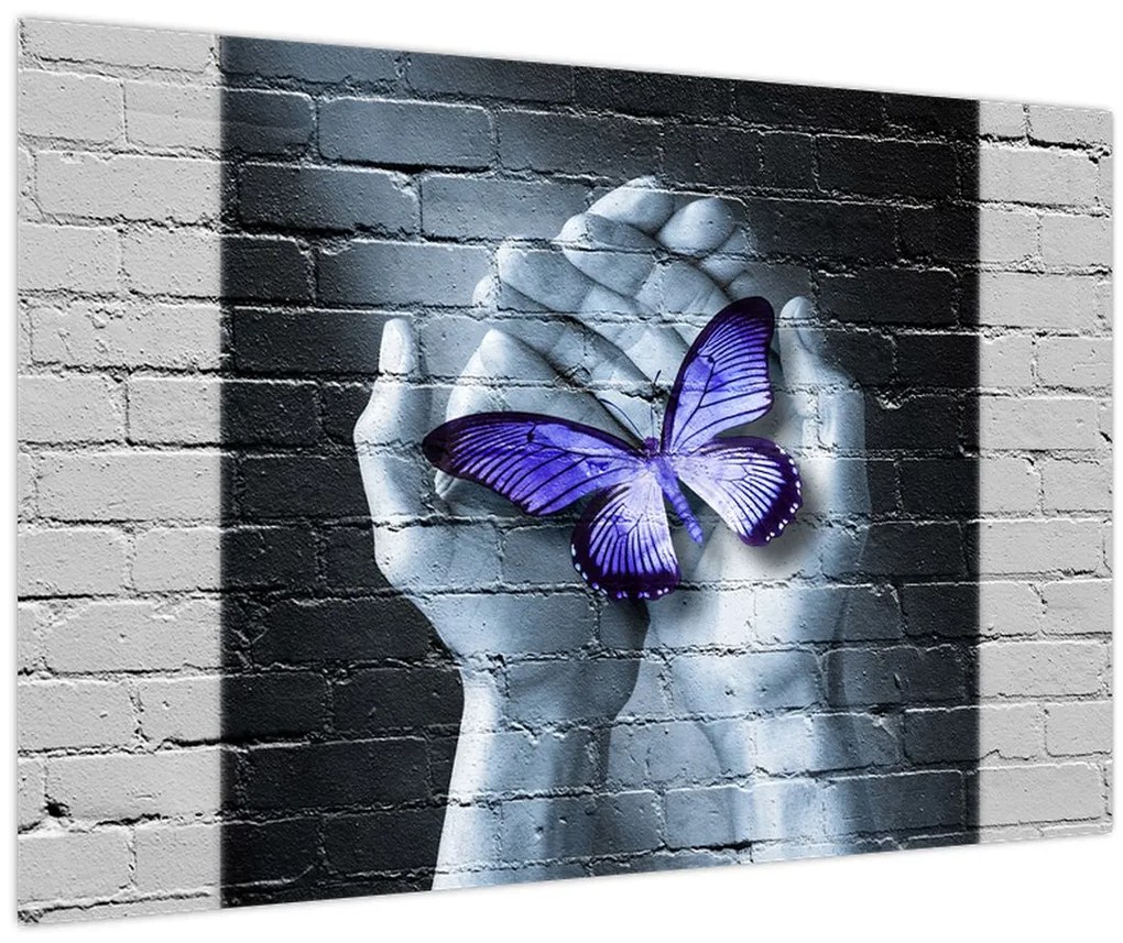 Tablou - Fluture violet pe perete (90x60 cm)