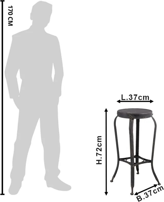 Scaun bar negru din metal, în stil industrial, cu șezut rotund și picioare curbate, finisaj antichizat, 72 x Ø 37 cm, „Rivet”