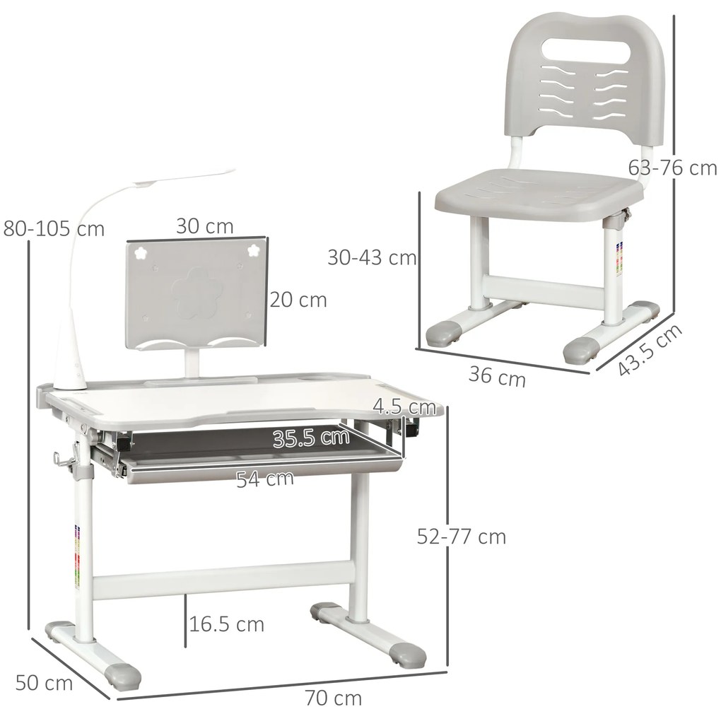 Birou cu scaun HOMCOM pentru copii cu vârsta 6-12 ani cu înălțime reglabilă, lampă LED și blat înclinat 45°, oțel și MDF, gri HOMCOM | Aosom Romania
