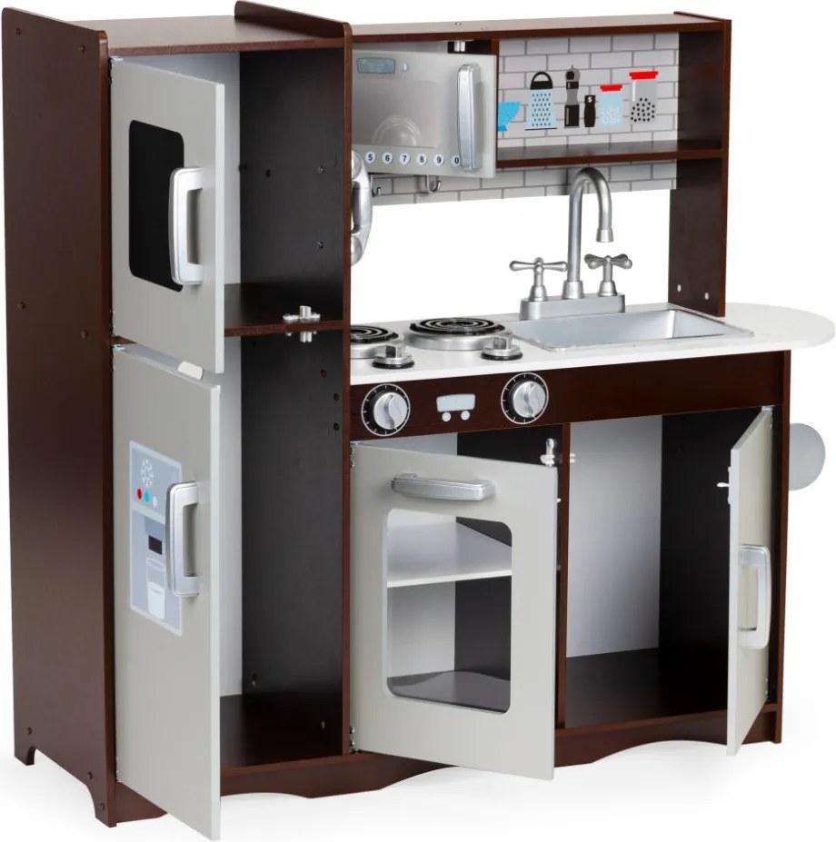 Bucătărie pentru copii din lemn cu dulapuri și frigider