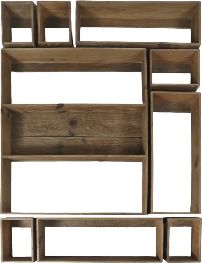 Etajeră de perete din lemn de pin, modulară, natur, set de 9 piese, cu cadre deschise, aspect rustic, 120 x 87 x 11,5 cm, „Sarlat”