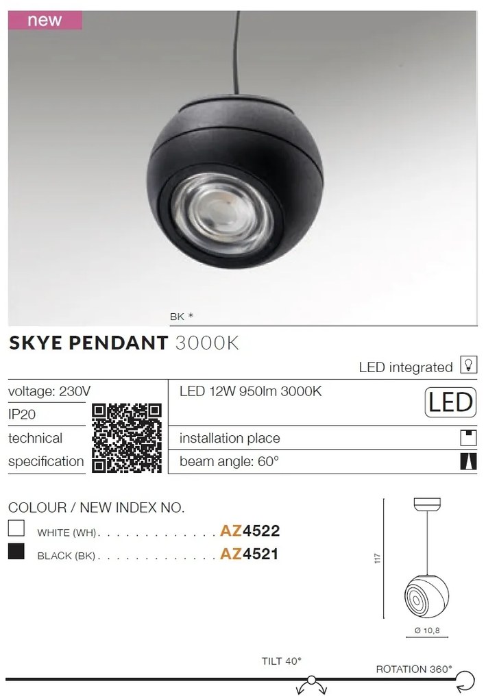 Pendul modern minimalist cu Spot LED directionabil SKYE negru