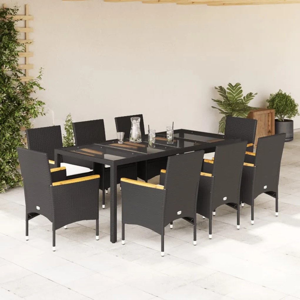 vidaXL Set mobilier de grădină cu perne 9 piese negru poliratan&amp;sticlă