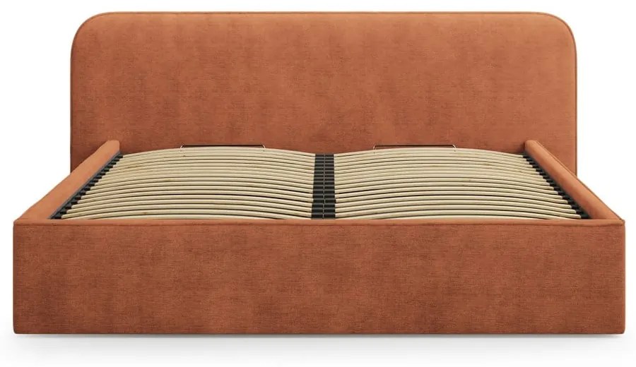 Pat matrimonial cărămiziu tapițat cu spațiu de depozitare cu somieră 180x200 cm Elizabeth – Micadoni