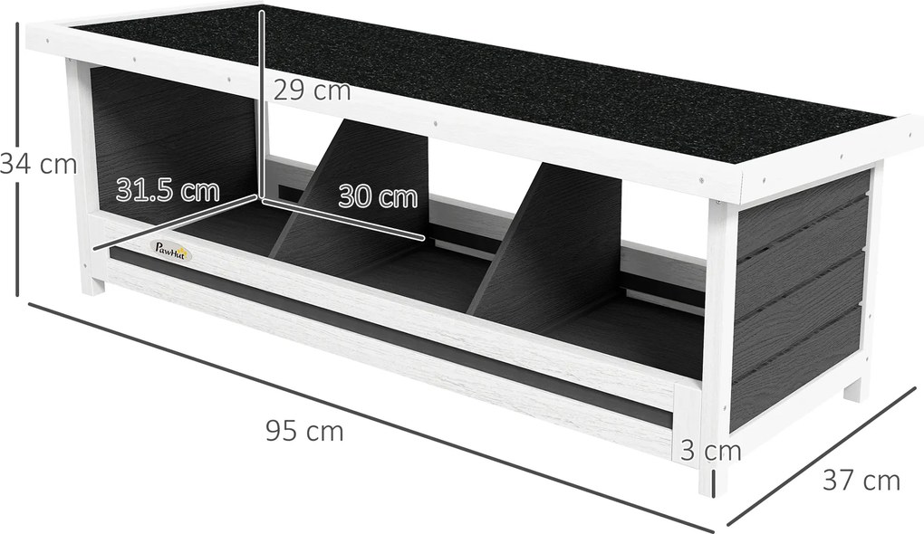 PawHut Cuibar pentru găini cu 3 compartimente, cu bază înălțată și acoperiș, din lemn și bitum, 95x37x34 cm, gri | Aosom Romania