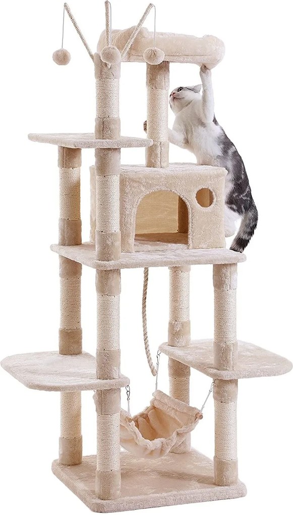 Ansamblu de joaca pentru pisici cu hamac si casuta XXL Bej deschis H 154 cm