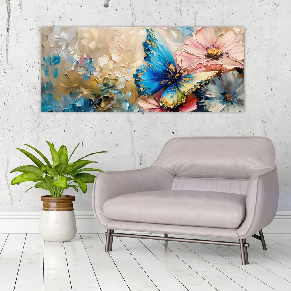 Tablou - Pictura de flori și fluturi (120x50 cm)