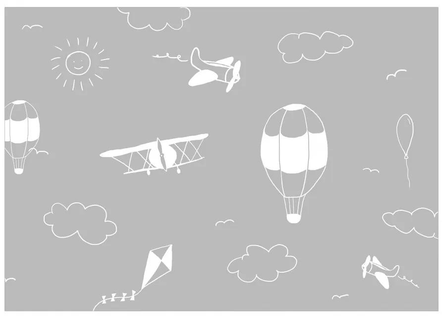 Fototapet - Zbor în cer - avioane desenate pe fundal gri cu nori