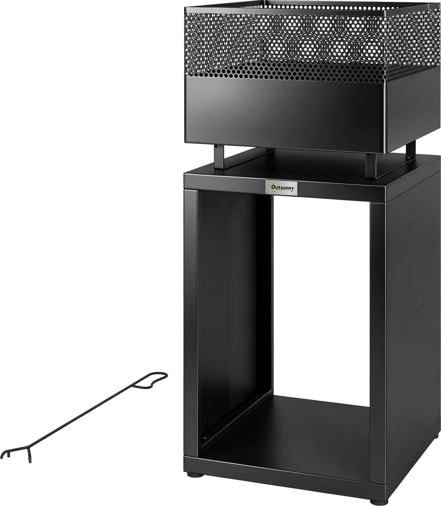 Outsunny Cuva pentru foc 39 x 39 x 87 cm șemineu cu depozit pentru lemne grilaj pentru cărbune picioare reglabile, Schwarz | Aosom Romania