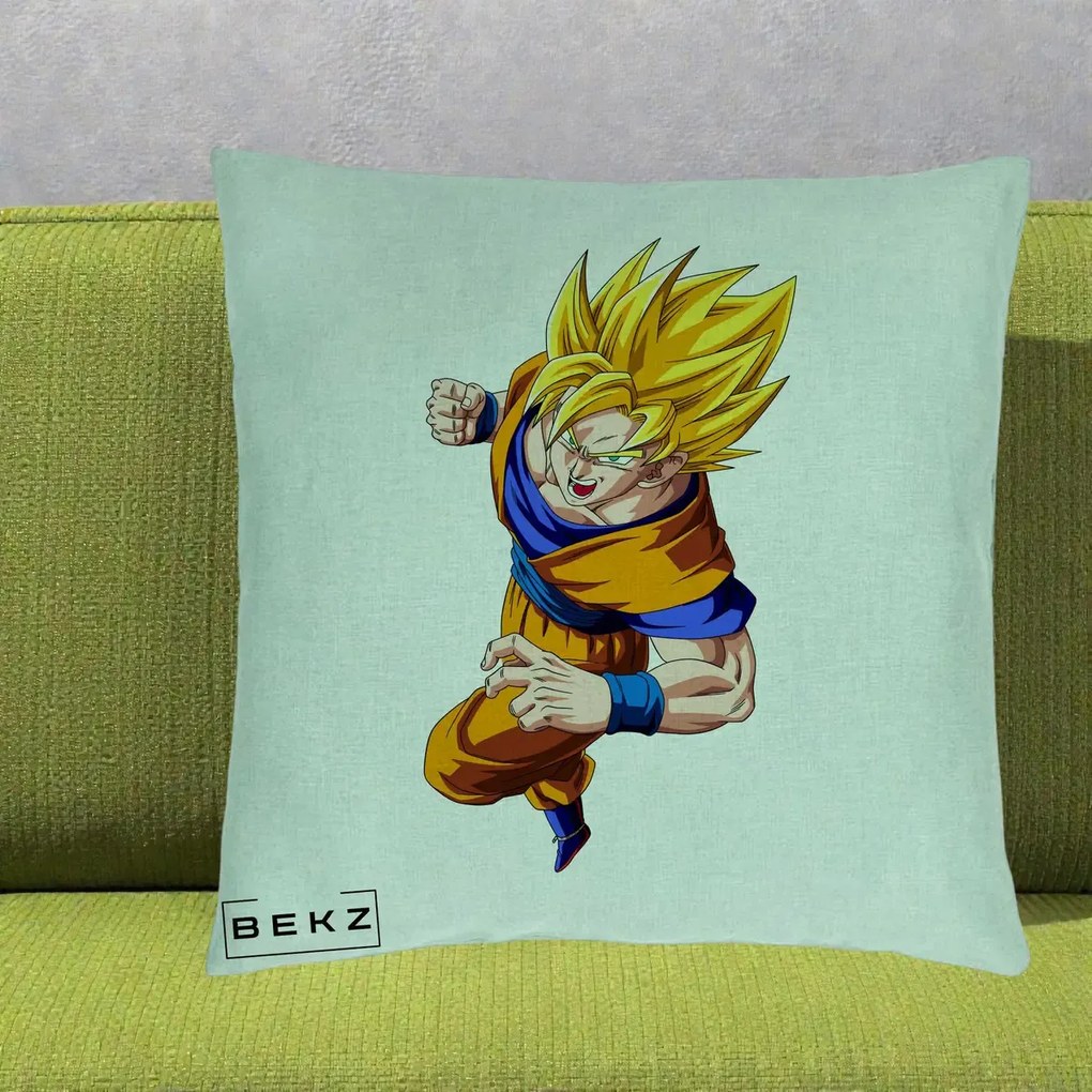Perna Personalizata Dragon Ball Goku Super Saiyan 2 Lupta, 40x40 cm, Verde Menta, Husa Detasabila, Perna Inclusa, BEKZ®