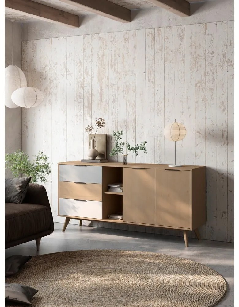 Comodă natural/gri/alb din lemn de pin 165x81 cm Elfa – Marckeric