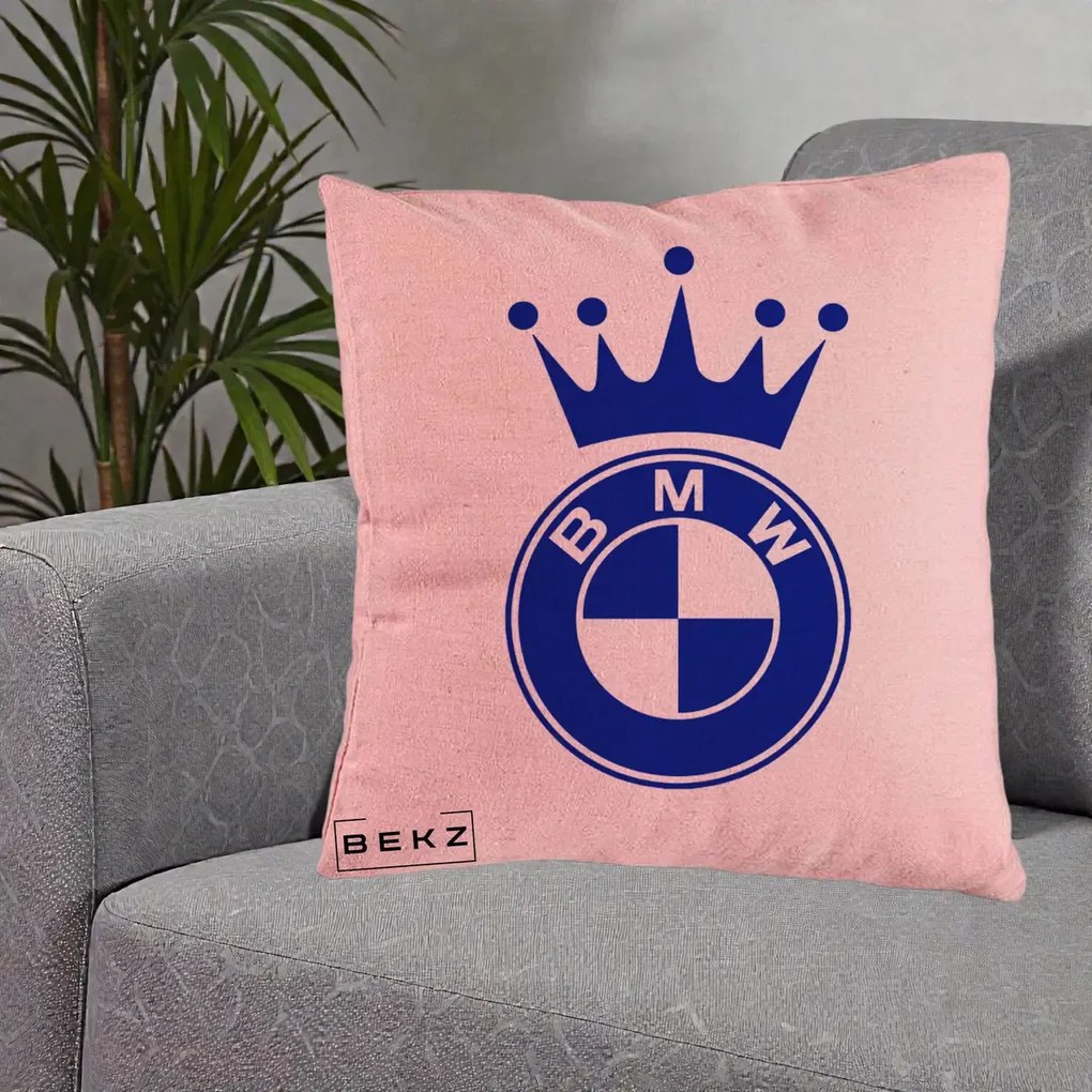 Perna Personalizata cu emblema BMW si Coroana, 40x40 cm, Roz, Husa Detasabila, Perna Inclusa, BEKZ®