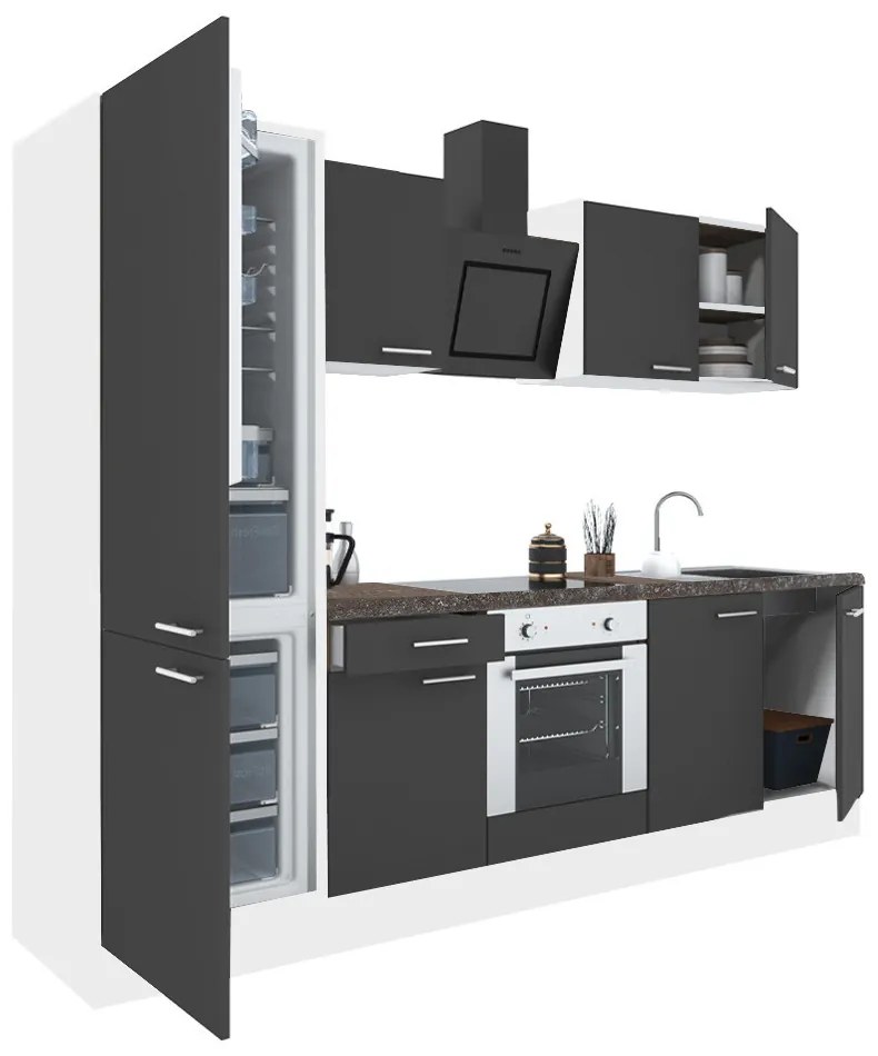Mobilă de bucătărie Yorki 270, corp alb, față antracit satinat cu element cuptor inferior și frigider congelator inferior