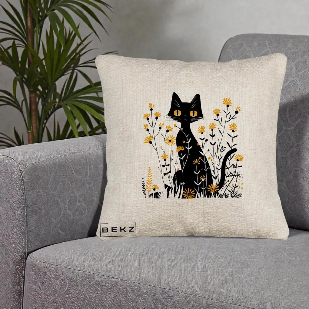 Perna Decorativa Pisica Neagra Ochi Galbeni Flori Galbene, 40x40 cm, Bej Canapea, Husa Detasabila, Perna Inclusa, BEKZ®