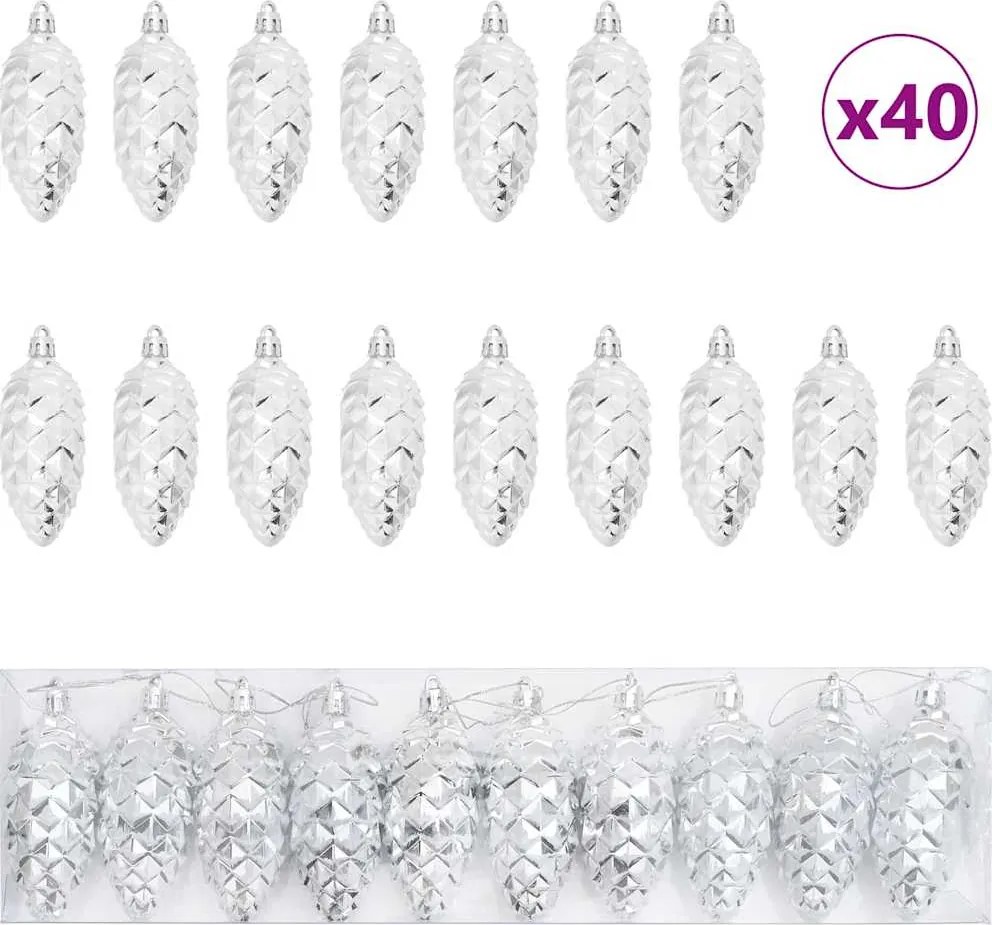 vidaXL Minge din con de brad de Crăciun 40 pcs Argintiu Plastic