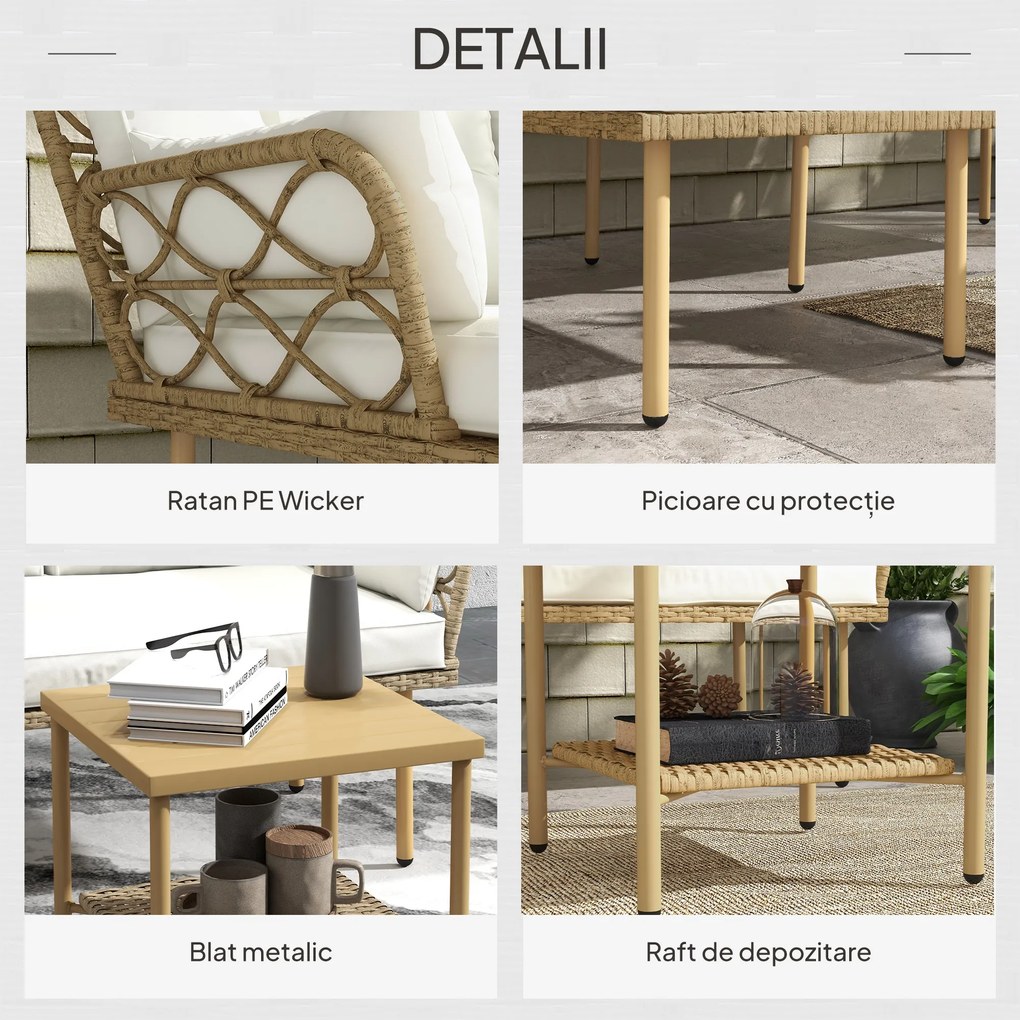 Outsunny Set Mobilier Grădină 4 Persoane, 3 Piese cu Măsuță de Cafea, Perne Confortabile Incluse, Ratan Crem | Aosom Romania