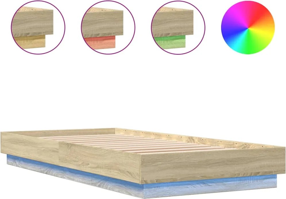 vidaXL Cadru de pat cu lumini LED, stejar sonoma, 90x200 cm