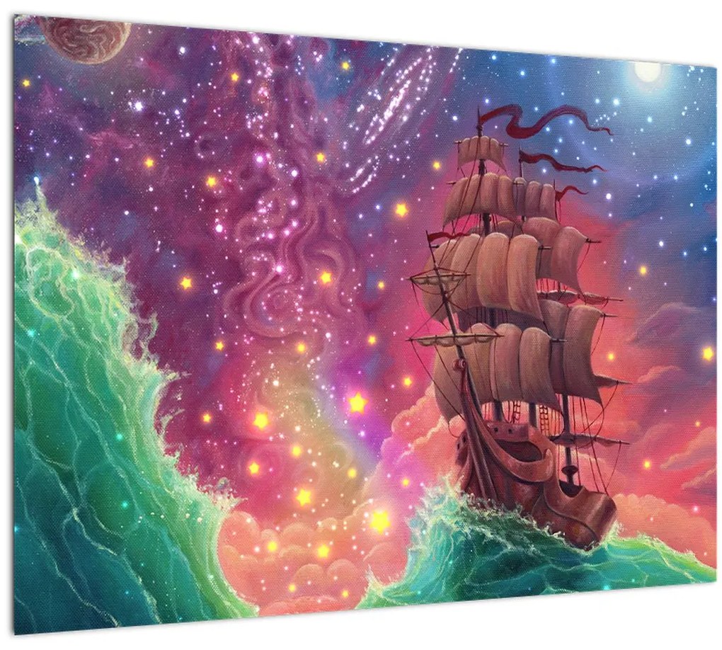 Tablou pe sticlă - Cerul spațial cu navă (70x50 cm)