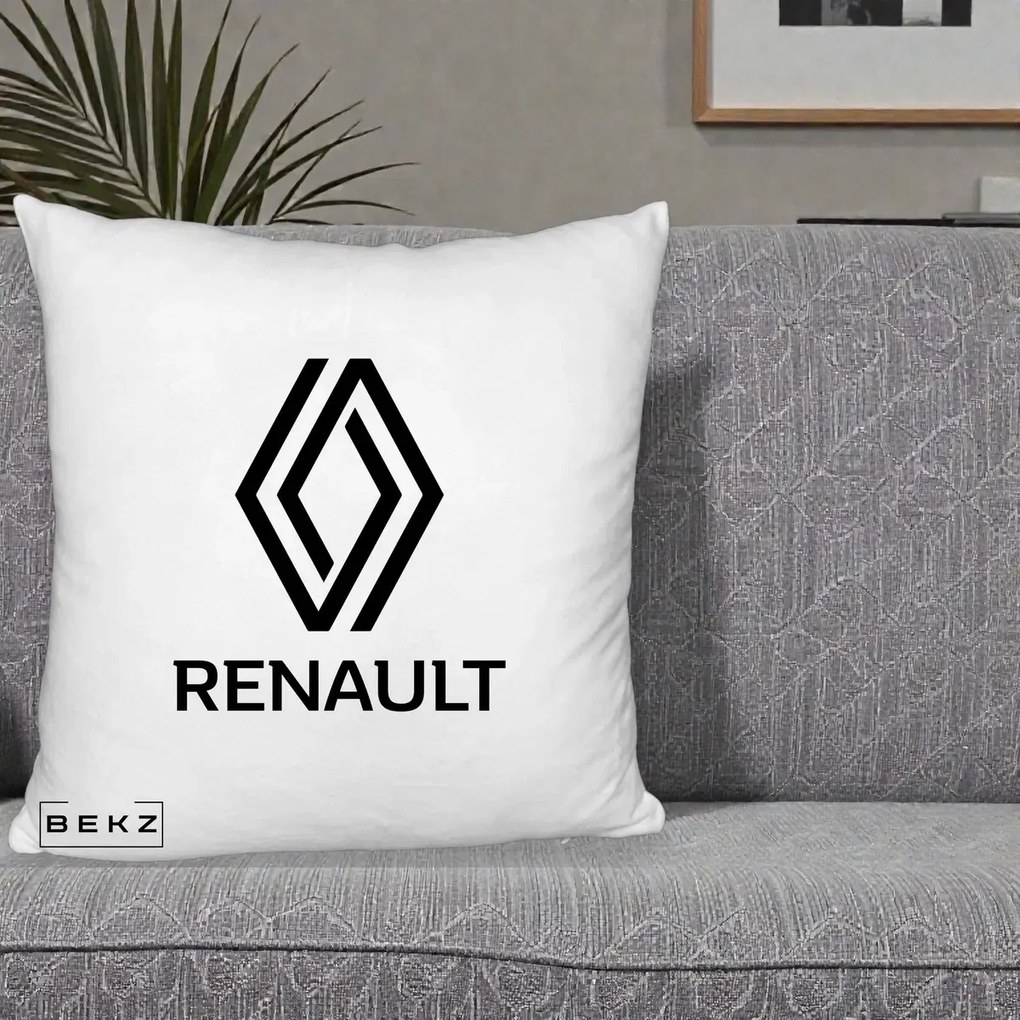 Perna Personalizata cu emblema Renault, 40x40 cm, Alb Pufos, Husa Detasabila, Perna Inclusa, BEKZ®