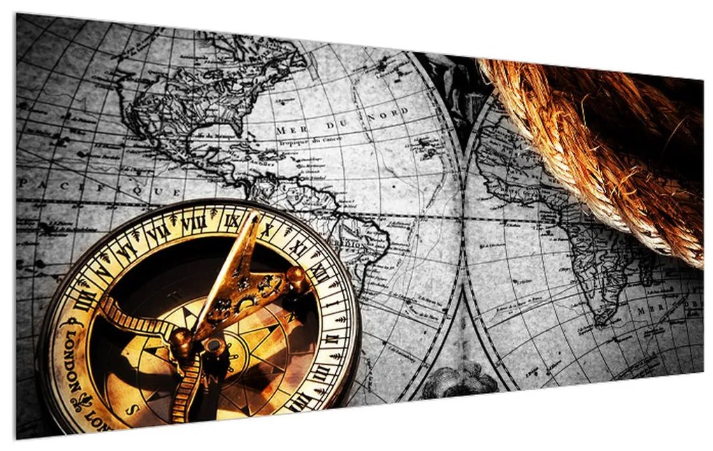 Tablou istoric cu harta lumii și compas (120x50 cm), în 40 de alte dimensiuni noi