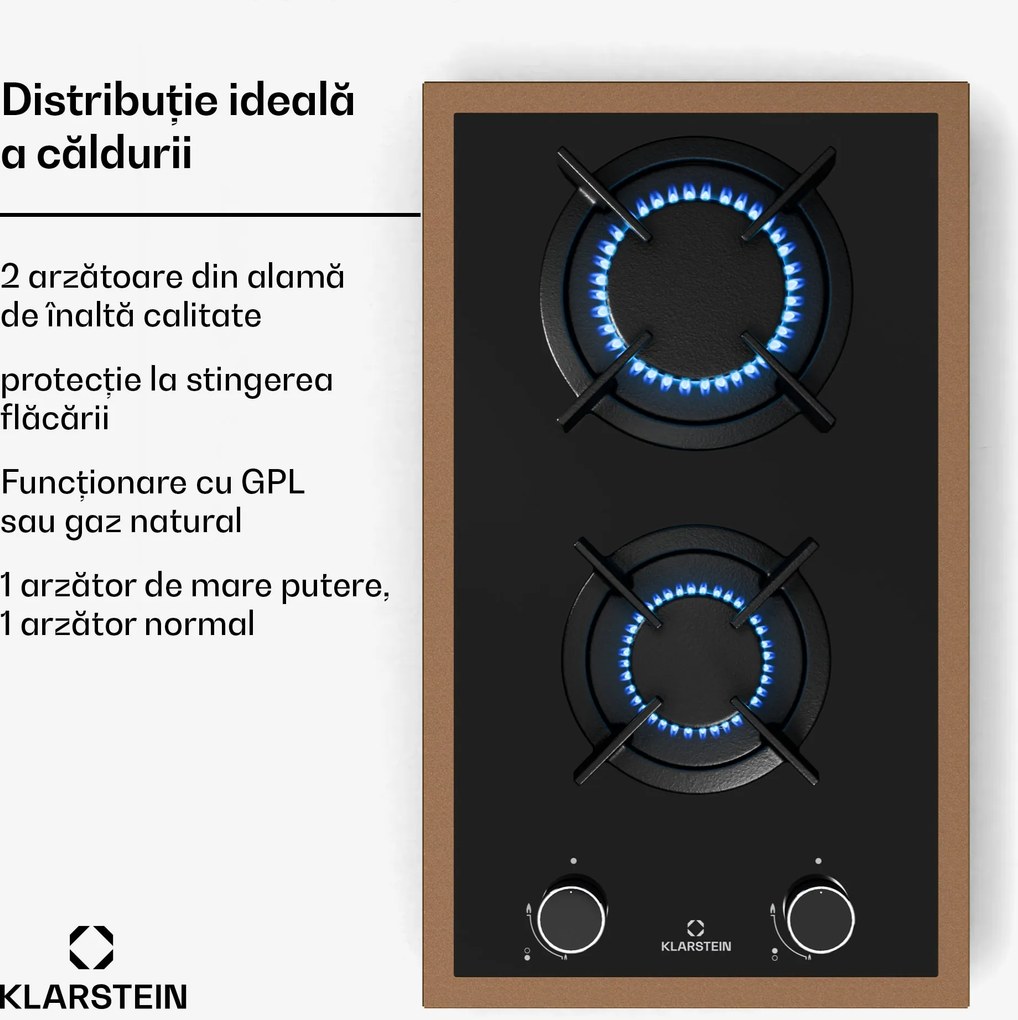 Klarstein Plită pe gaz Lumiflame, 2 arzătoare, cadru din cupru, aprindere electrică, 4,2 kW