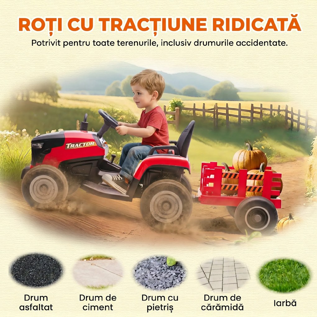 AIYAPLAY 2 în 1 Tractor Electric pentru Copii 3-8 Ani cu Remorcă Detașabilă, Telecomandă, Muzică, Lumini, Roșu | Aosom Romania