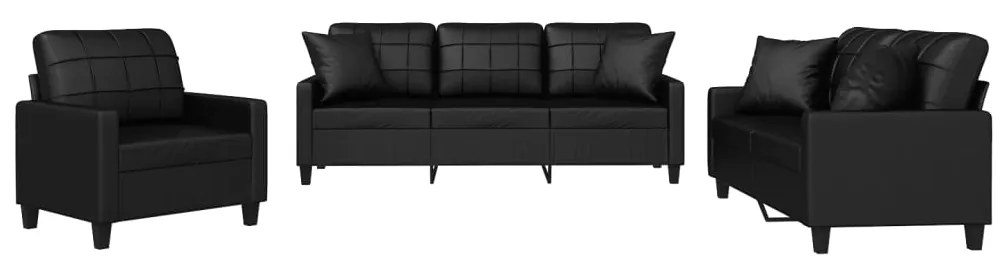 3201348 vidaXL Set de canapele cu perne, 3 piese, negru, piele ecologică