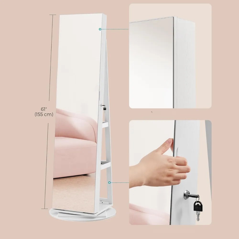Oglindă cu suport și spațiu pentru bijuterii CHANTAL, 54,5×54,5×162 cm, albă SongmicsHome