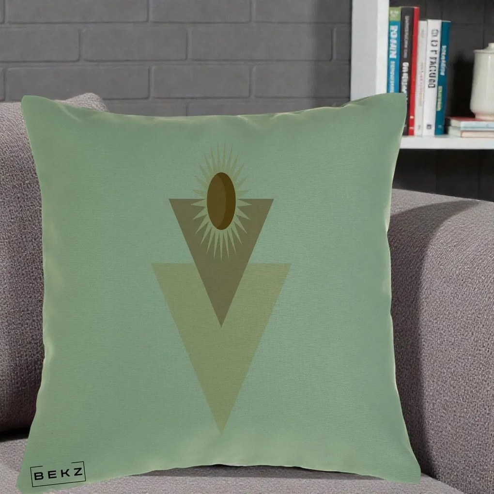 Perna Decorativa Boho Sun cu Triunghiuri Bej si Oval Solar, 40x40 cm, Verde, Husa Detasabila, Perna Inclusa, BEKZ®