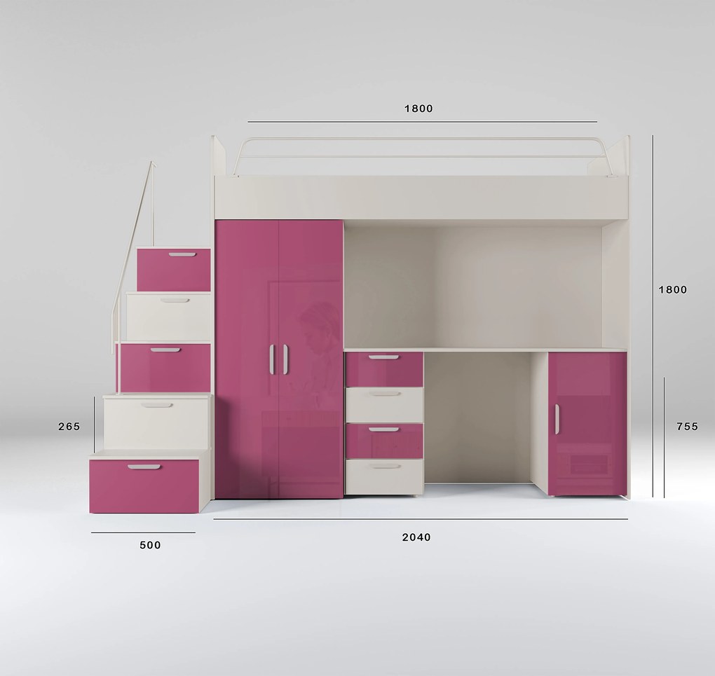 Pat pentru copii Ruby IV S (cașmir + roz lucios) (cu somiere). 1121258