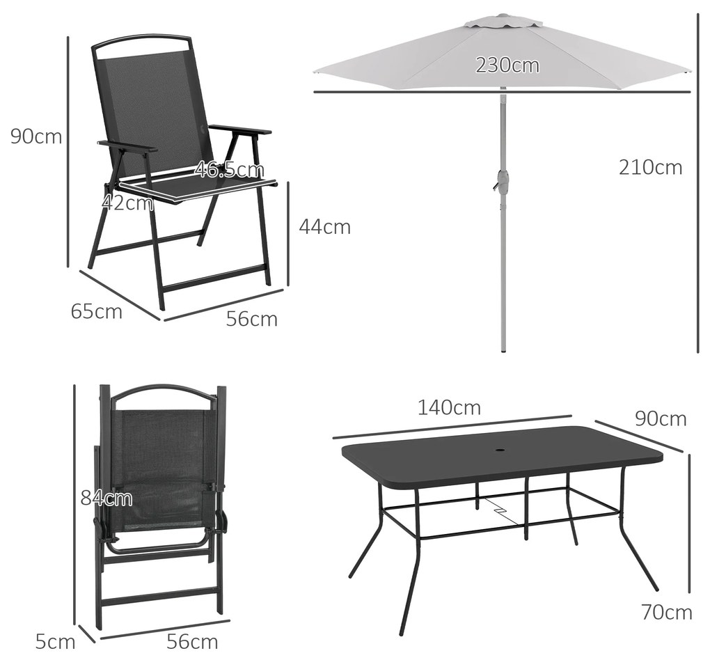 Outsunny Set de grădină cu Masă, 6 Scaune Pliante și Umbrelă de Soare cu Manivelă, Set pentru Exterior din 8 piese, 140x90x70 cm, Gri