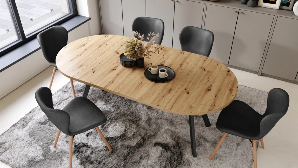Mazzoni ALDO Stejar Artisan/picioare negre - MASĂ ROTUNDĂ STIL LOFT PENTRU SALON/SUFRAGERIE EXTENSIBILĂ CU PICIOARE ÎN FORMĂ DE "Y"