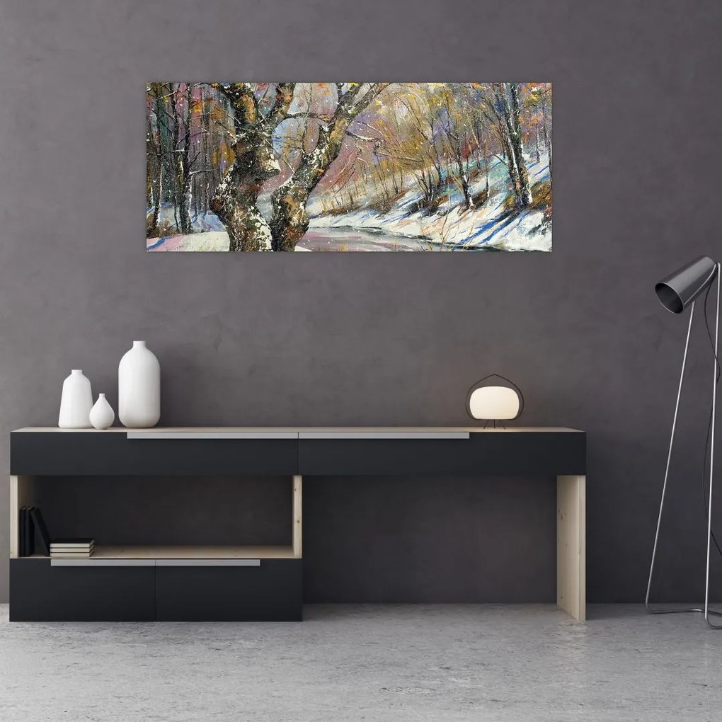 Tablou cu peisaj de iarnă pictat (120x50 cm)