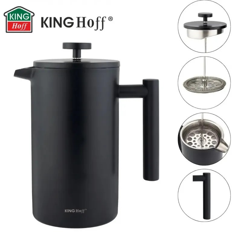Presă franceză pentru cafea/ceai Kinghoff KH 1996, 1 l, Oțel inoxidabil, Pereți dubli, Negru