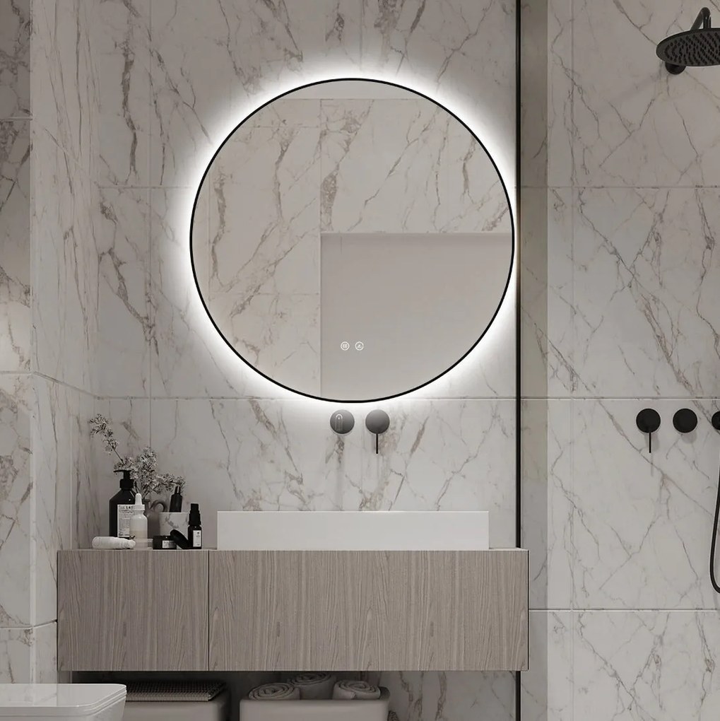 🪞 Oglindă LED cu Touch și Funcție Dezaburire, 3 Tipuri de Lumină – Ø70 cm, Ramă Negru Mat, Model J188-70 Smack