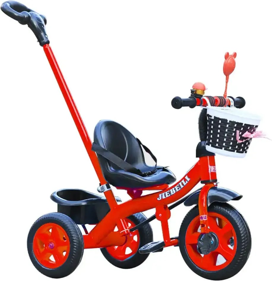 Tricicleta cu pedale si maner parental pentru copii 2-5 ani, NBW, cos tip rachita cu fundita si cos spate, Rosu
